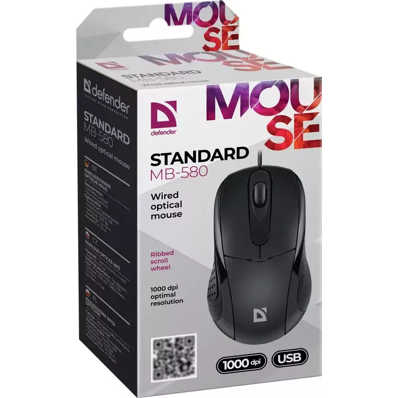 Laidinė optinė pelė DEFENDER MB-580 USB Type-A, ambidekstrinė, 1000 DPI, 3 mygtukai, juoda