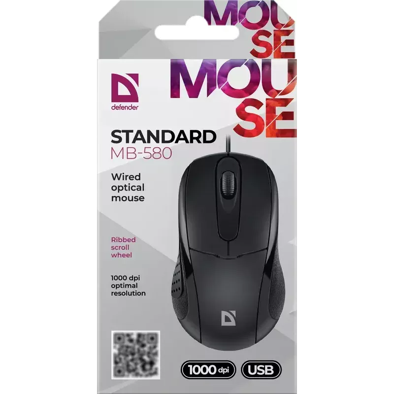 Laidinė optinė pelė DEFENDER MB-580 USB Type-A, ambidekstrinė, 1000 DPI, 3 mygtukai, juoda