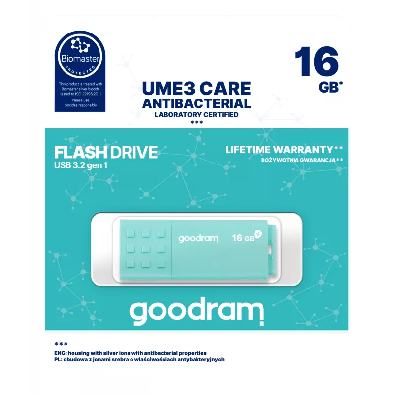 USB atmintukas GOODRAM UME3 CARE 16 GB USB Type-A 3.2 Gen 1 (skaitymas 60 MB/s, rašymas 20 MB/s) turkio spalvos