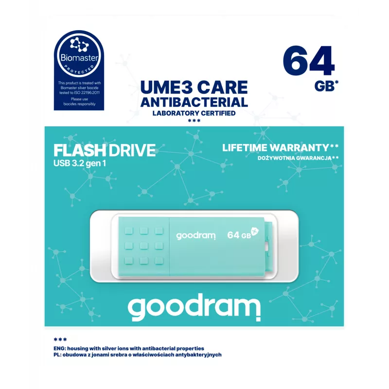 USB atmintukas GOODRAM 64 GB USB-A 3.2 Gen 1 UME3, turkio spalvos, skaitymas 60 MB/s, rašymas 20 MB/s