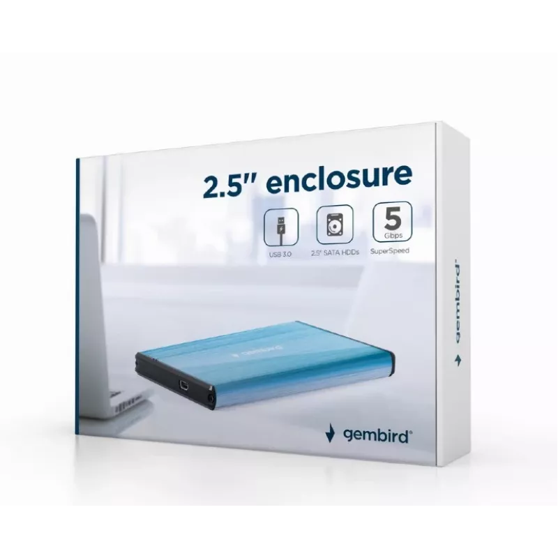 Gembird EE2-U3S-3-B išorinis HDD korpusas — 2,5 colio, SATA, Mini-USB A, iki 7 TB, mėlynas