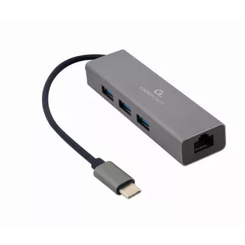 Docking adapteris Gembird A-CMU3-LAN-01 — USB-C 3.2 Gen 1, 1× Gigabit LAN, 3× USB-A, metalinis korpusas, pilka