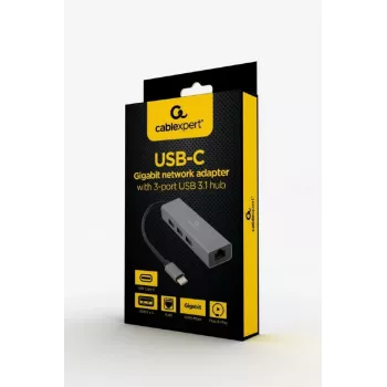 Docking adapteris Gembird A-CMU3-LAN-01 — USB-C 3.2 Gen 1, 1× Gigabit LAN, 3× USB-A, metalinis korpusas, pilka