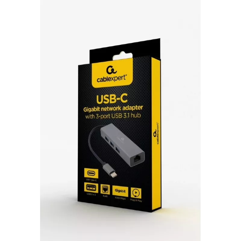 Docking adapteris Gembird A-CMU3-LAN-01 — USB-C 3.2 Gen 1, 1× Gigabit LAN, 3× USB-A, metalinis korpusas, pilka