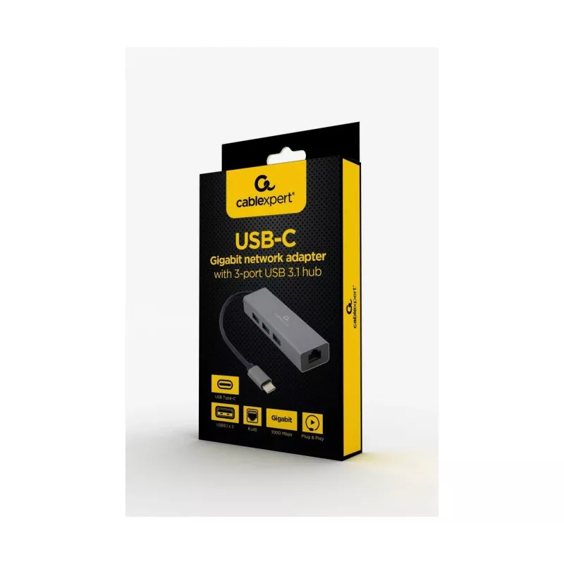 Docking adapteris Gembird A-CMU3-LAN-01 — USB-C 3.2 Gen 1, 1× Gigabit LAN, 3× USB-A, metalinis korpusas, pilka