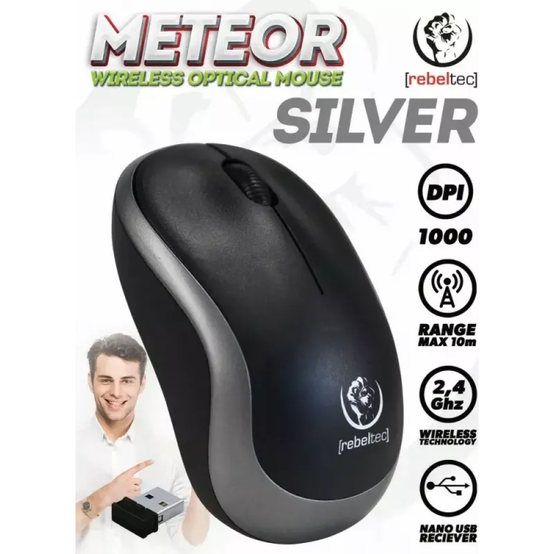 Belaidė optinė pelė Rebeltec METEOR sidabrinė RBLMYS00050 USB
