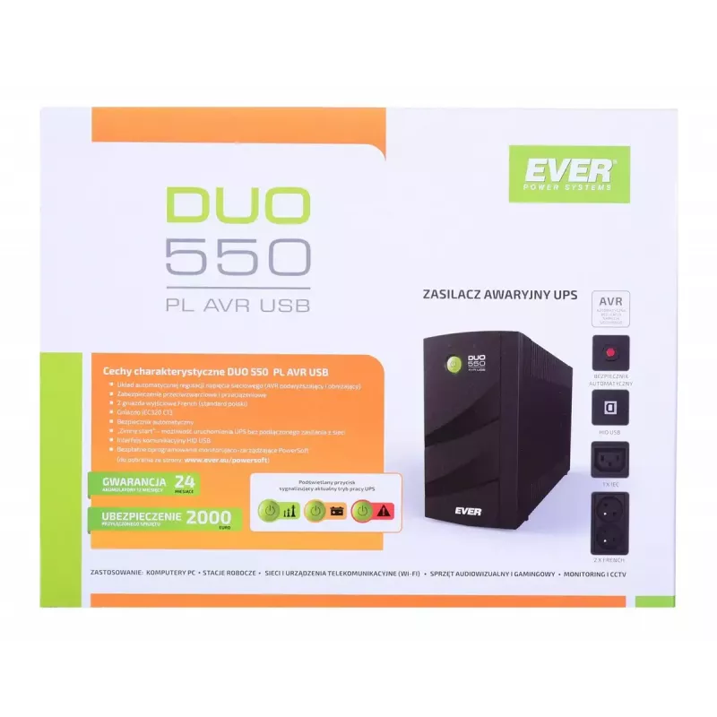Nepertraukiamo maitinimo šaltinis EVER DUO 550 PL AVR USB 550VA, 0,55 kVA / 330 W, Line-Interactive, 3×C13 lizdai, 12V 5Ah baterija