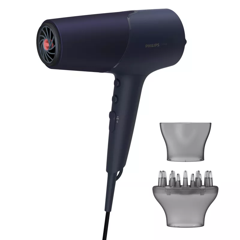 Plaukų džiovintuvas Philips 5000 serijos BHD510/00, 2300 W, 6 šilumos/6 greičio, joninis, šalto oro pūtimas, koncentratorius ir difuzorius, tamsiai mėlynas, 1,8 m laidas