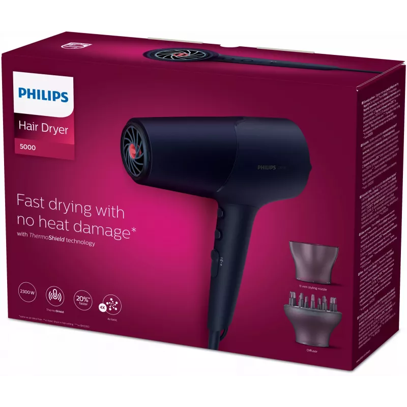 Plaukų džiovintuvas Philips 5000 serijos BHD510/00, 2300 W, 6 šilumos/6 greičio, joninis, šalto oro pūtimas, koncentratorius ir difuzorius, tamsiai mėlynas, 1,8 m laidas