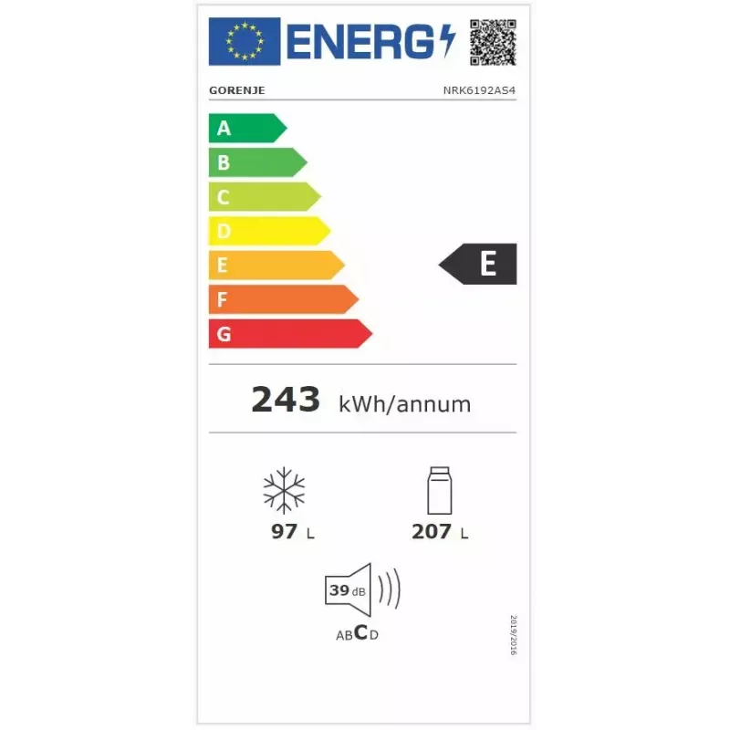 Šaldytuvas su šaldikliu Gorenje NRK6192AS4, 304 L (šaldytuvas 207 L / šaldiklis 97 L), No Frost, pilkas