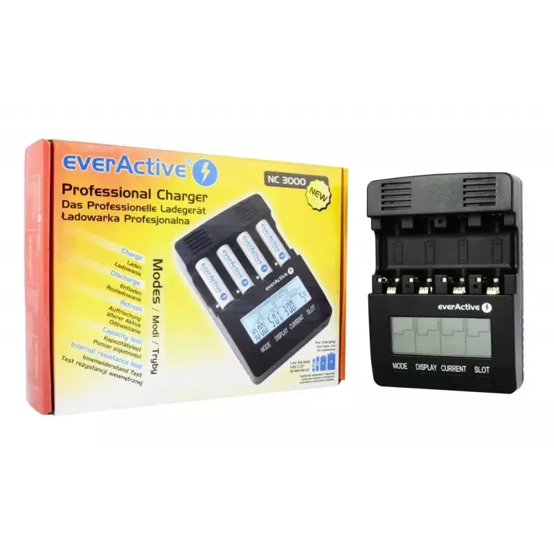 Įkroviklis everActive NC-3000 – universalus įkroviklis AA/AAA/C/D (4 ląstelės) juodas, 100–240V