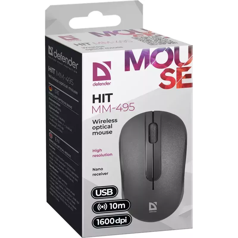 Belaidė optinė pelė DEFENDER HIT MM-495 RF, ambidekstrinė, 1600 DPI, USB RF imtuvas, juoda