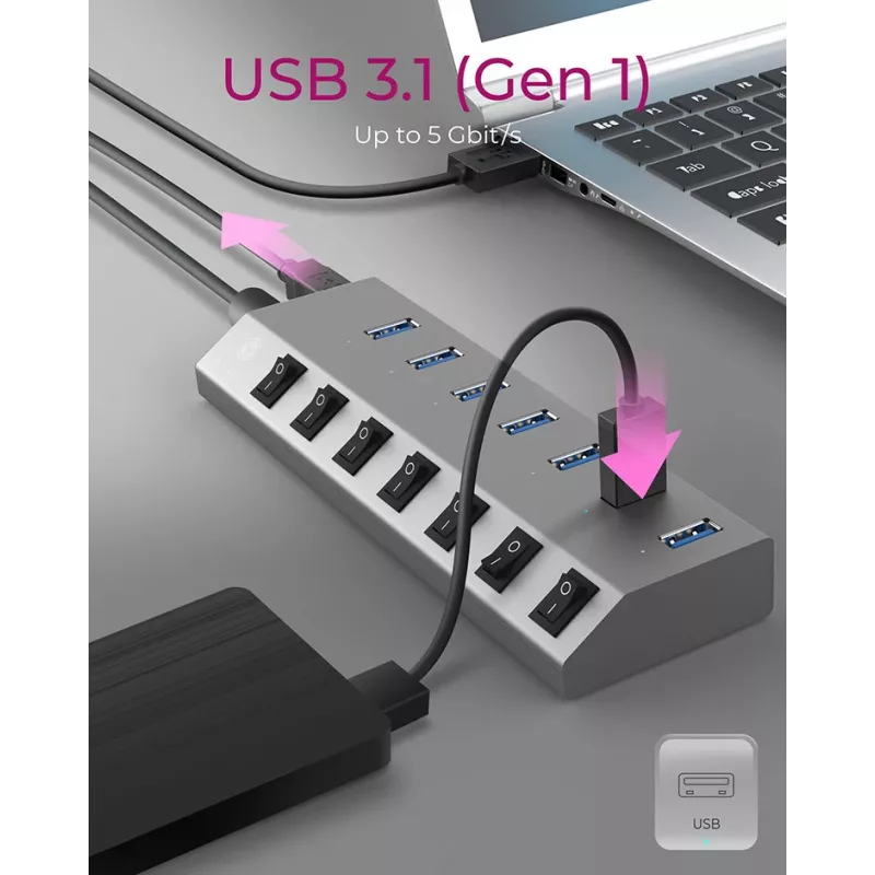 ICY BOX IB-HUB1701-C3 USB 3.2 Gen 1 (3.1 Gen 1) Type-B 5000 Mbit/s Antracito USB šakotuvas