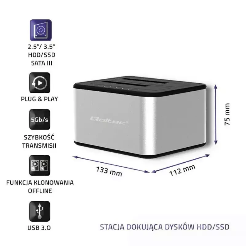 Docking stotelė QOLTEC 5316 2x 2.5/3.5 colio HDD/SSD, SATA, USB 3.0 (5 Gb/s), aliumininis korpusas