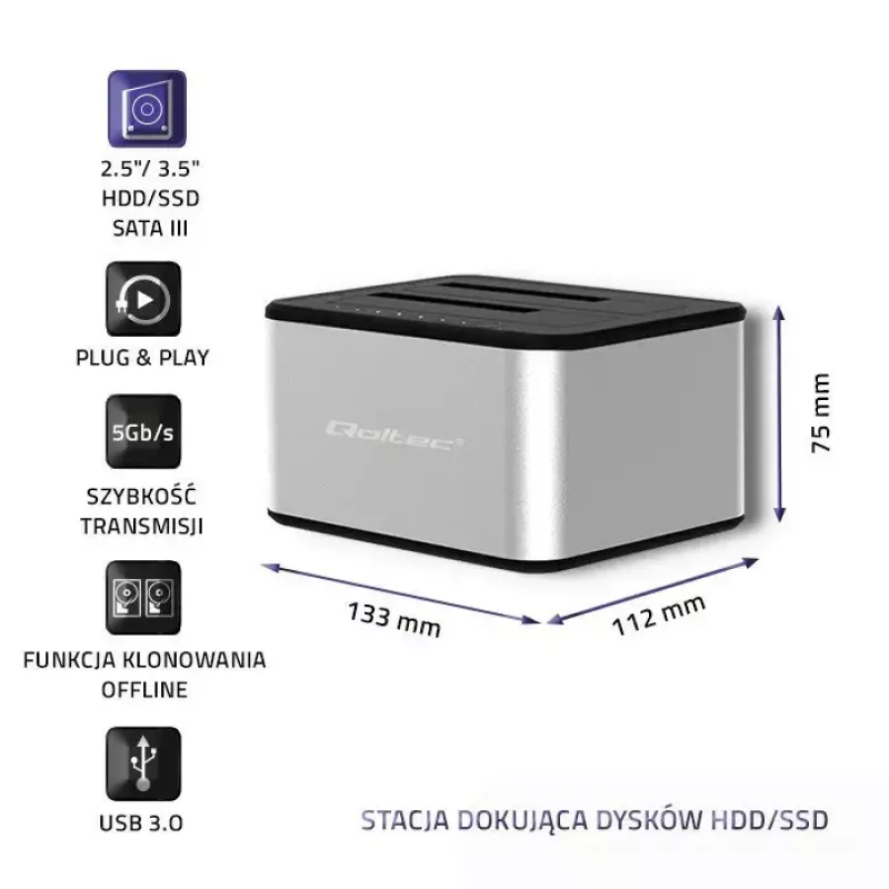 Docking stotelė QOLTEC 5316 2x 2.5/3.5 colio HDD/SSD, SATA, USB 3.0 (5 Gb/s), aliumininis korpusas