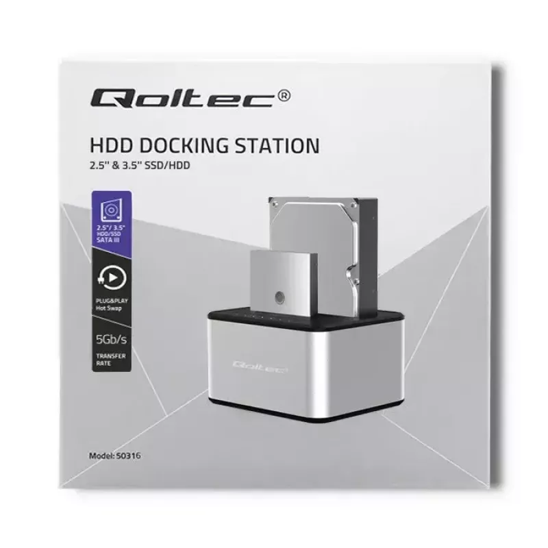 Docking stotelė QOLTEC 5316 2x 2.5/3.5 colio HDD/SSD, SATA, USB 3.0 (5 Gb/s), aliumininis korpusas