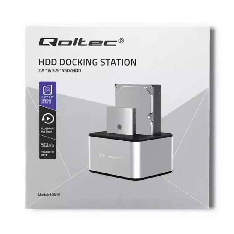 Docking stotelė QOLTEC 5316 2x 2.5/3.5 colio HDD/SSD, SATA, USB 3.0 (5 Gb/s), aliumininis korpusas