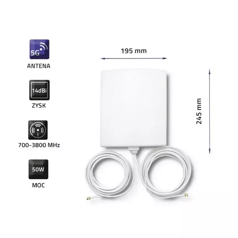 Kryptinė lauko 5G LTE antena QOLTEC 57022 – 14 dBi, 700–3800 MHz, 50 Ω, varinis korpusas