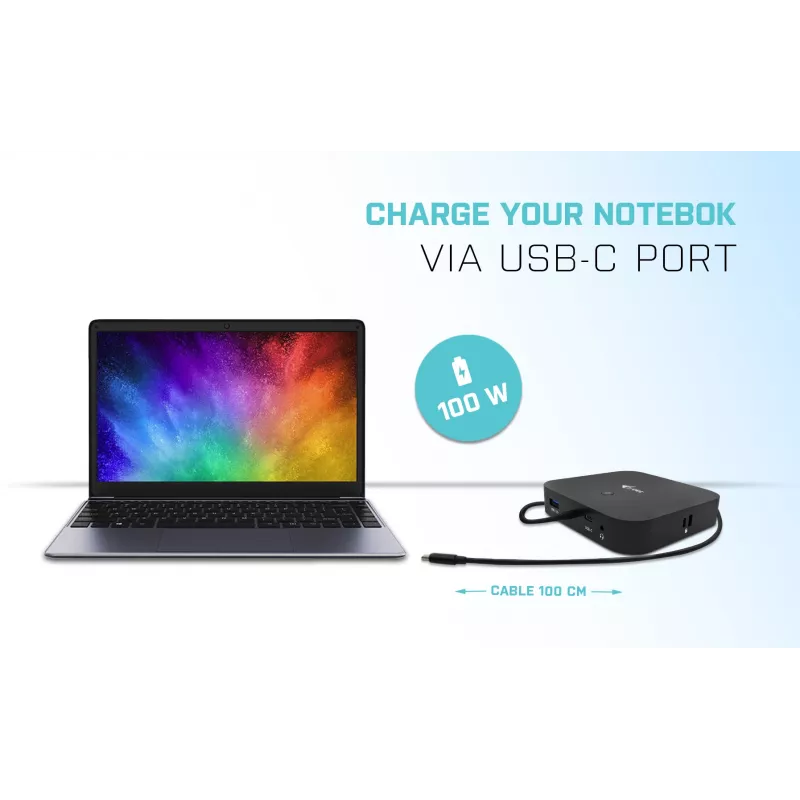 i-tec USB-C HDMI DP Docking stotelė su 100 W įkrovimu ir universalus 100 W maitinimo adapteris