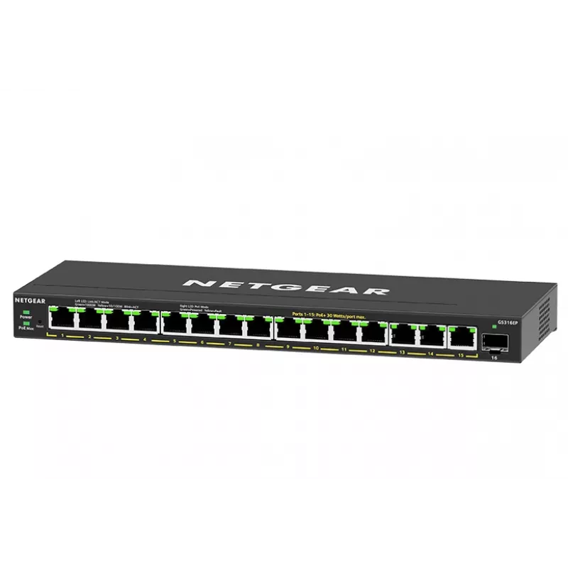 NETGEAR GS316EP-100PES valdomas tinklo jungiklis Gigabit Ethernet (10/100/1000) PoE juodas