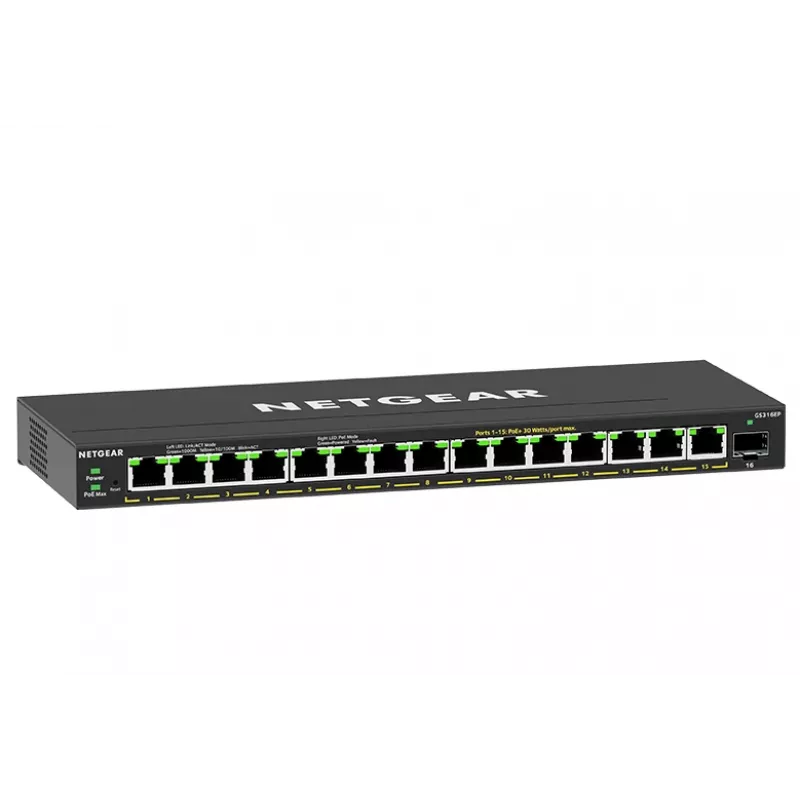 NETGEAR GS316EP-100PES valdomas tinklo jungiklis Gigabit Ethernet (10/100/1000) PoE juodas