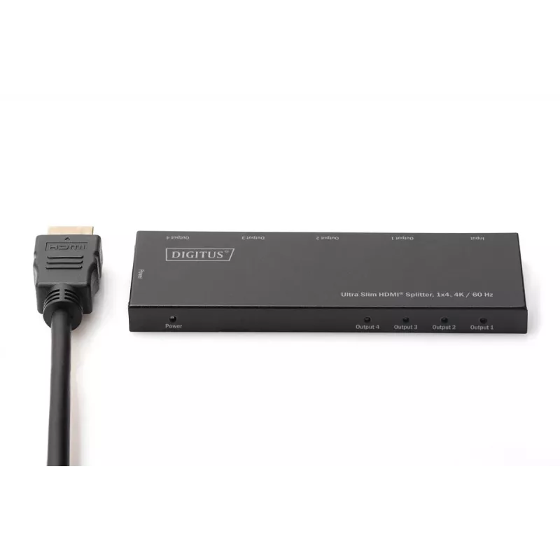 DIGITUS Ultra Slim HDMI skirstytuvas, 1x4, 4K/60Hz HDR, HDCP 2.2, 18 Gbps, maitinamas per Micro USB