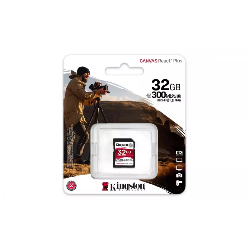 Kingston Technology 32GB Canvas React Plus SDHC UHS-II 300R/260W U3 V90 – atminties kortelė Full HD/4K/8K
