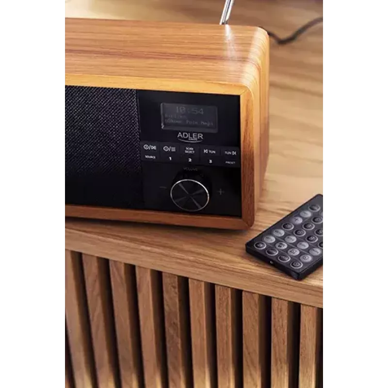 Nešiojamas radijas Adler AD 1184 su DAB+/FM/AM skaitmeniniu imtuvu, Bluetooth 5.0, 15W, SD/USB, žadintuvu, juodas/medis