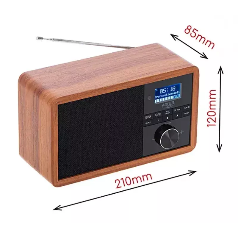 Nešiojamas radijas Adler AD 1184 su DAB+/FM/AM skaitmeniniu imtuvu, Bluetooth 5.0, 15W, SD/USB, žadintuvu, juodas/medis