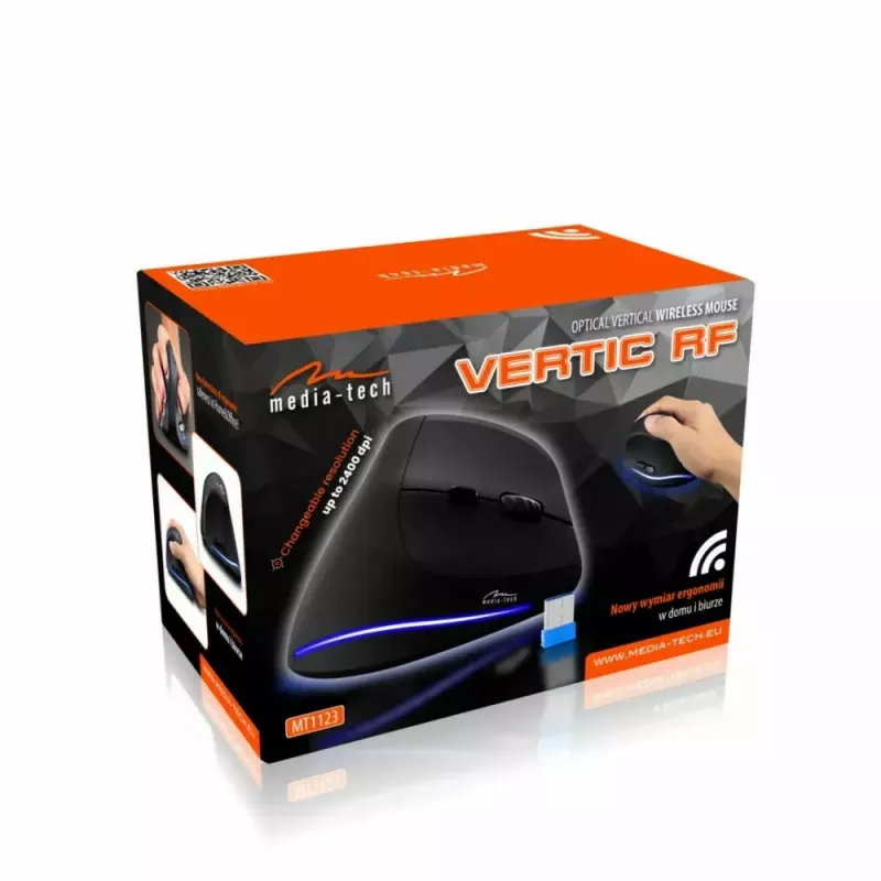 Belaidė vertikali pelė MEDIA-TECH MT1123, juoda, 2400 DPI, 5 mygtukai, RF USB imtuvas