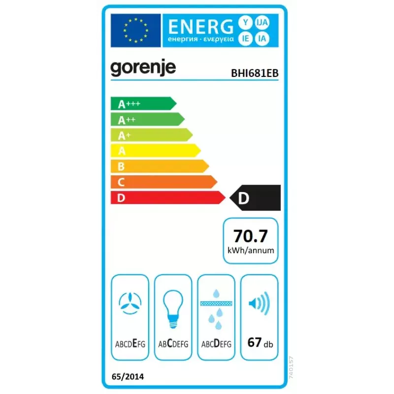 Įmontuojamas gartraukis Gorenje BHI681EB — 534 mm, 370 m³/h, aliumininis riebalų filtras, 67 dB, juodas