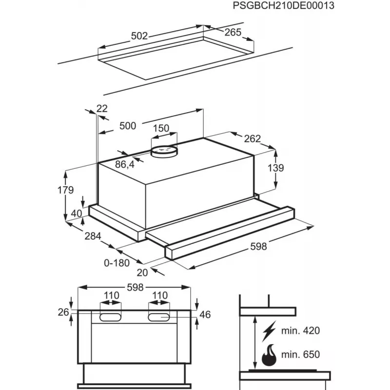 Pusiau įmontuojamas ištraukiamas gartraukis Electrolux LFP226S, 598 mm, 330 m³/h, aliumininis riebalų filtras, 3 greičiai