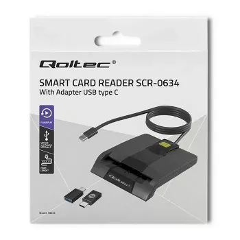 Kortelių skaitytuvas QOLTEC 50634 USB Type-C, ABS korpusas, 90×69 mm, 1,0 m laidas, juodas
