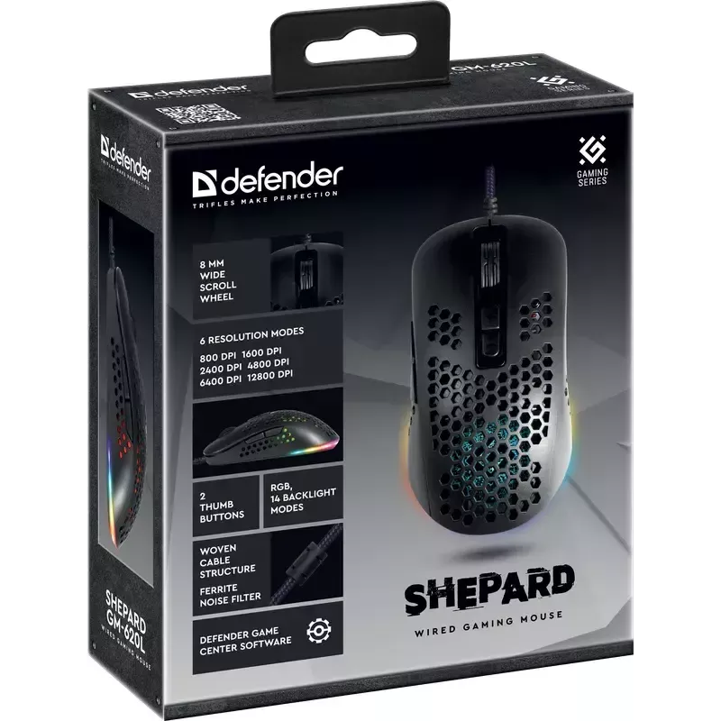 Žaidimų pelė DEFENDER SHEPARD GM-620L – optinė, dešinei rankai, iki 12800 DPI, 6–7 mygtukai, USB Type-A, juoda, 1,7 m laidas