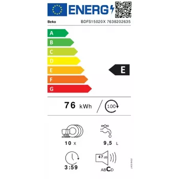 Siaurasis indaplovė Beko BDFS15020X, 10 komplektų, 45 cm, 47 dB, 5 programų, inverterinis variklis