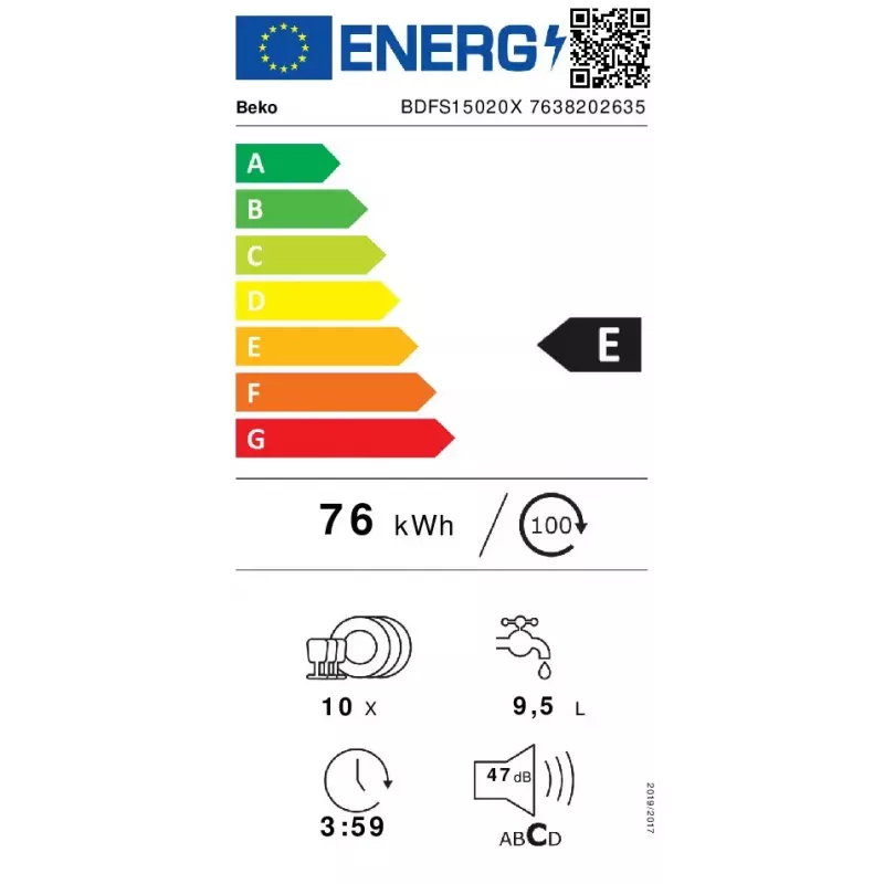 Siaurasis indaplovė Beko BDFS15020X, 10 komplektų, 45 cm, 47 dB, 5 programų, inverterinis variklis