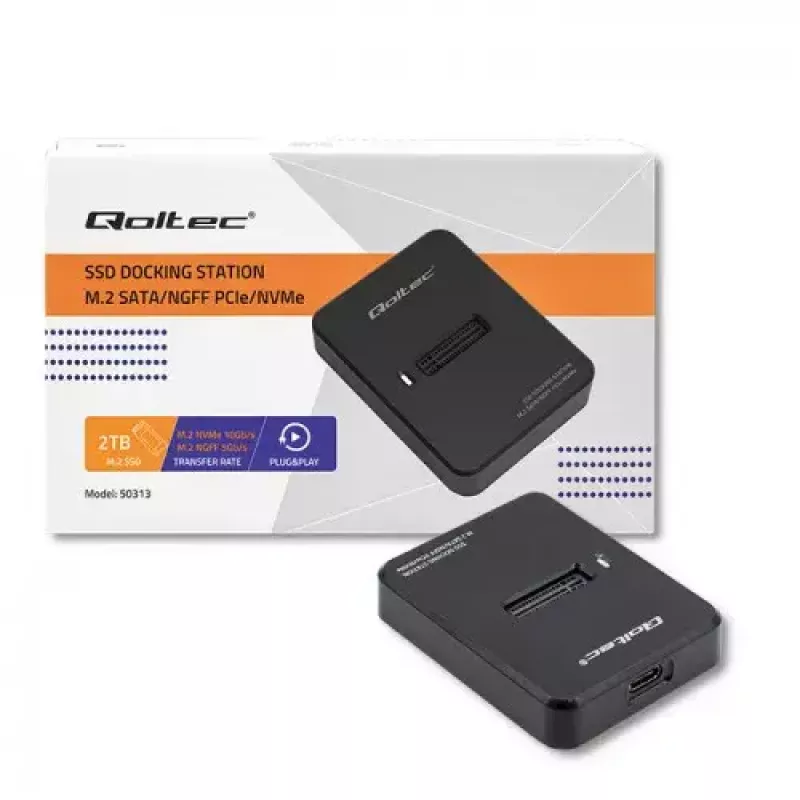 SSD dėklas QOLTEC 50313 Juodas – M.2 (22×80 / 22×110) PCIe ir SATA, USB Type-C (USB 2.0 / 3.2 Gen2)