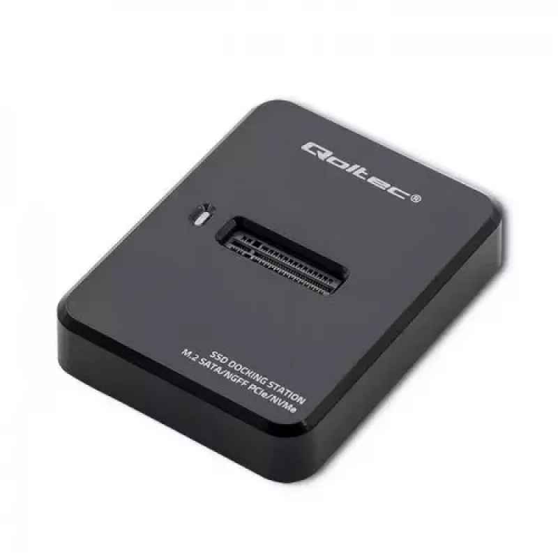 SSD dėklas QOLTEC 50313 Juodas – M.2 (22×80 / 22×110) PCIe ir SATA, USB Type-C (USB 2.0 / 3.2 Gen2)