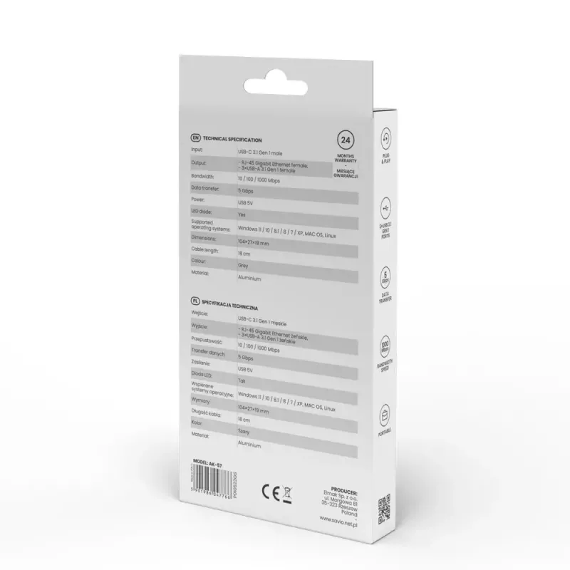 USB-C stotelė SAVIO AK-57 su 3× USB-A, RJ-45 Gigabit Ethernet (1000 Mbit/s), aliuminis pilka