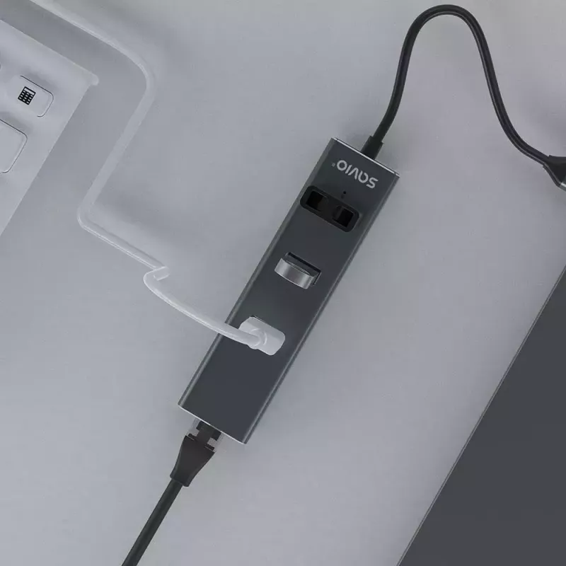 USB-C stotelė SAVIO AK-57 su 3× USB-A, RJ-45 Gigabit Ethernet (1000 Mbit/s), aliuminis pilka