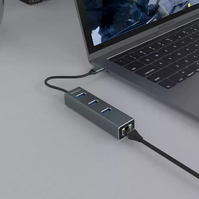USB-C stotelė SAVIO AK-57 su 3× USB-A, RJ-45 Gigabit Ethernet (1000 Mbit/s), aliuminis pilka
