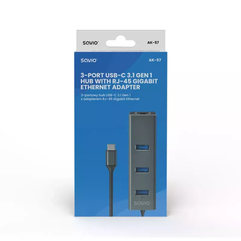 USB-C stotelė SAVIO AK-57 su 3× USB-A, RJ-45 Gigabit Ethernet (1000 Mbit/s), aliuminis pilka