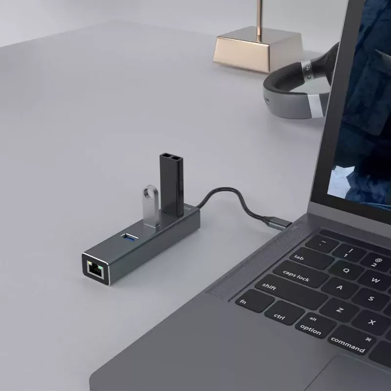 USB-C stotelė SAVIO AK-57 su 3× USB-A, RJ-45 Gigabit Ethernet (1000 Mbit/s), aliuminis pilka