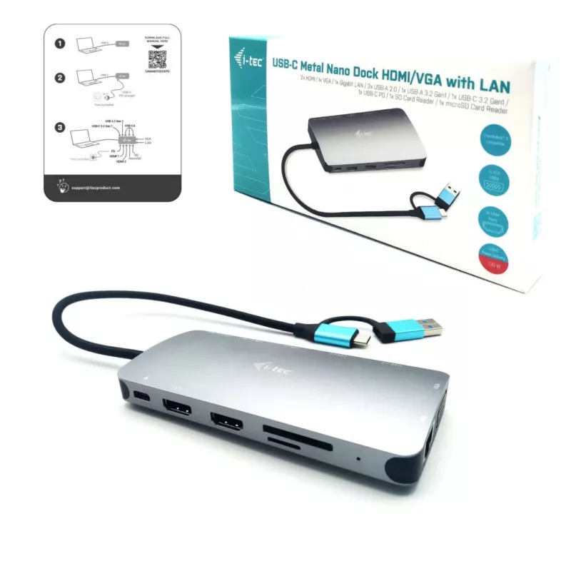 i-tec USB 3.0 USB-C/Thunderbolt 3x Ekranų Metal Nano Dock su LAN ir 100 W įkrovimu