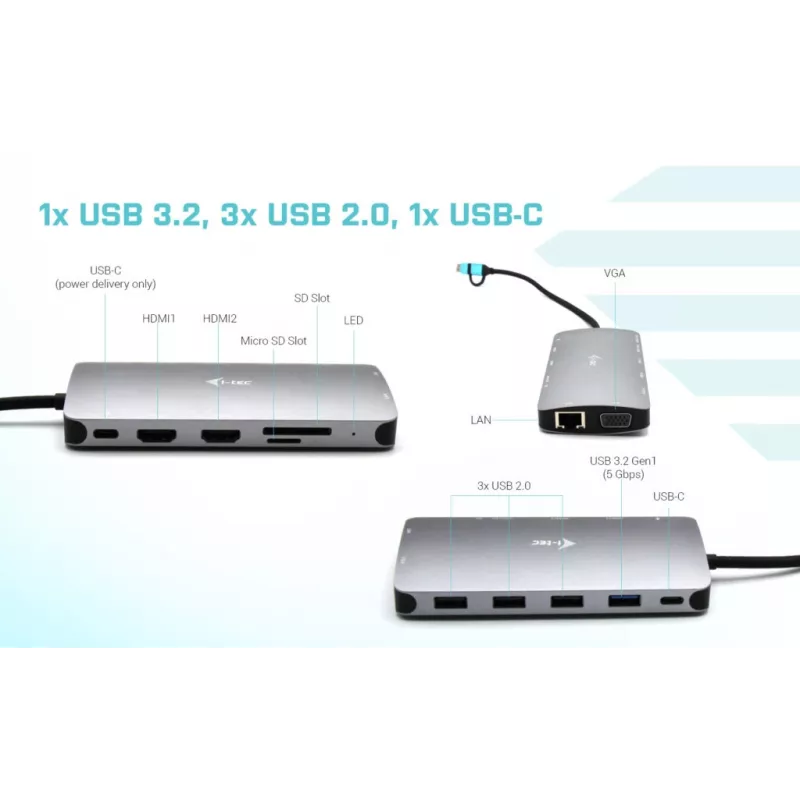 i-tec USB 3.0 USB-C/Thunderbolt 3x Ekranų Metal Nano Dock su LAN ir 100 W įkrovimu