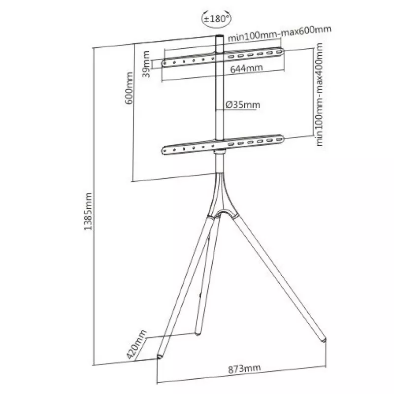Grindinis TV stovas TECHLY ICA-TR18SAM 45–65 colių (114,3–165,1 cm), VESA 200x200–600x400, talpa 32 kg, riešutas