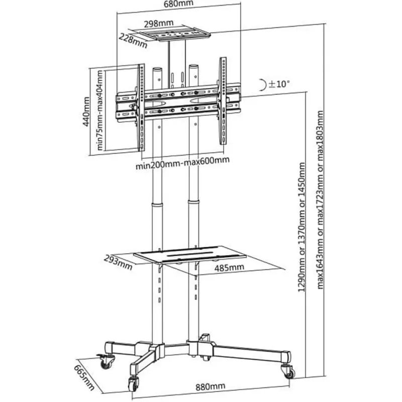 Grindinis stovas TECHLY ICA-TR16T 37″–70″ ekranams, VESA 200×200–600×400, iki 50 kg, aukščio reguliavimas, ratukai, pakreipimas ±10° (juodas)
