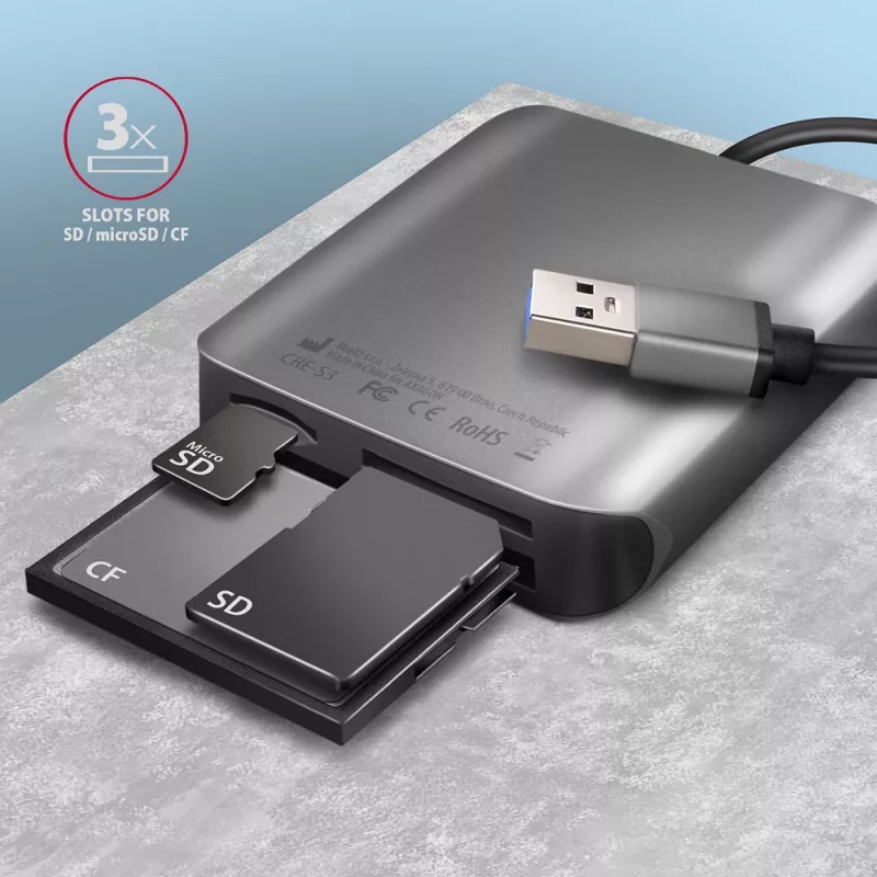 Kortelių skaitytuvas Axagon CRE-S3 USB-A 3.2 Gen 1 3 lizdai SD/microSD/CF pilka
