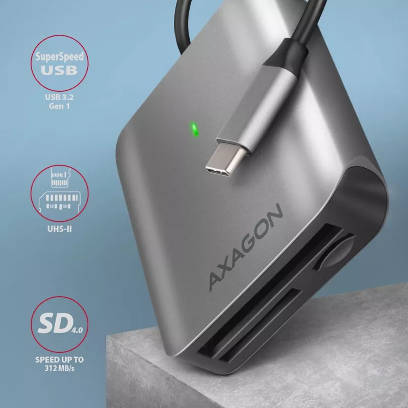 AXAGON CRE-S3C aliumininis USB-C 3.2 Gen 1 atminties kortelių skaitytuvas, 3 lizdai, UHS-II