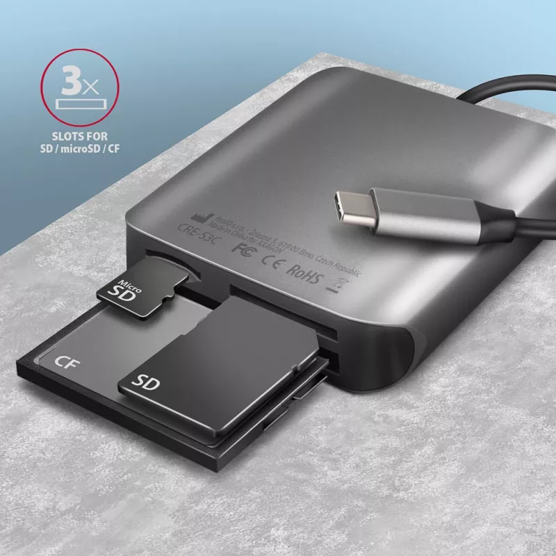 AXAGON CRE-S3C aliumininis USB-C 3.2 Gen 1 atminties kortelių skaitytuvas, 3 lizdai, UHS-II
